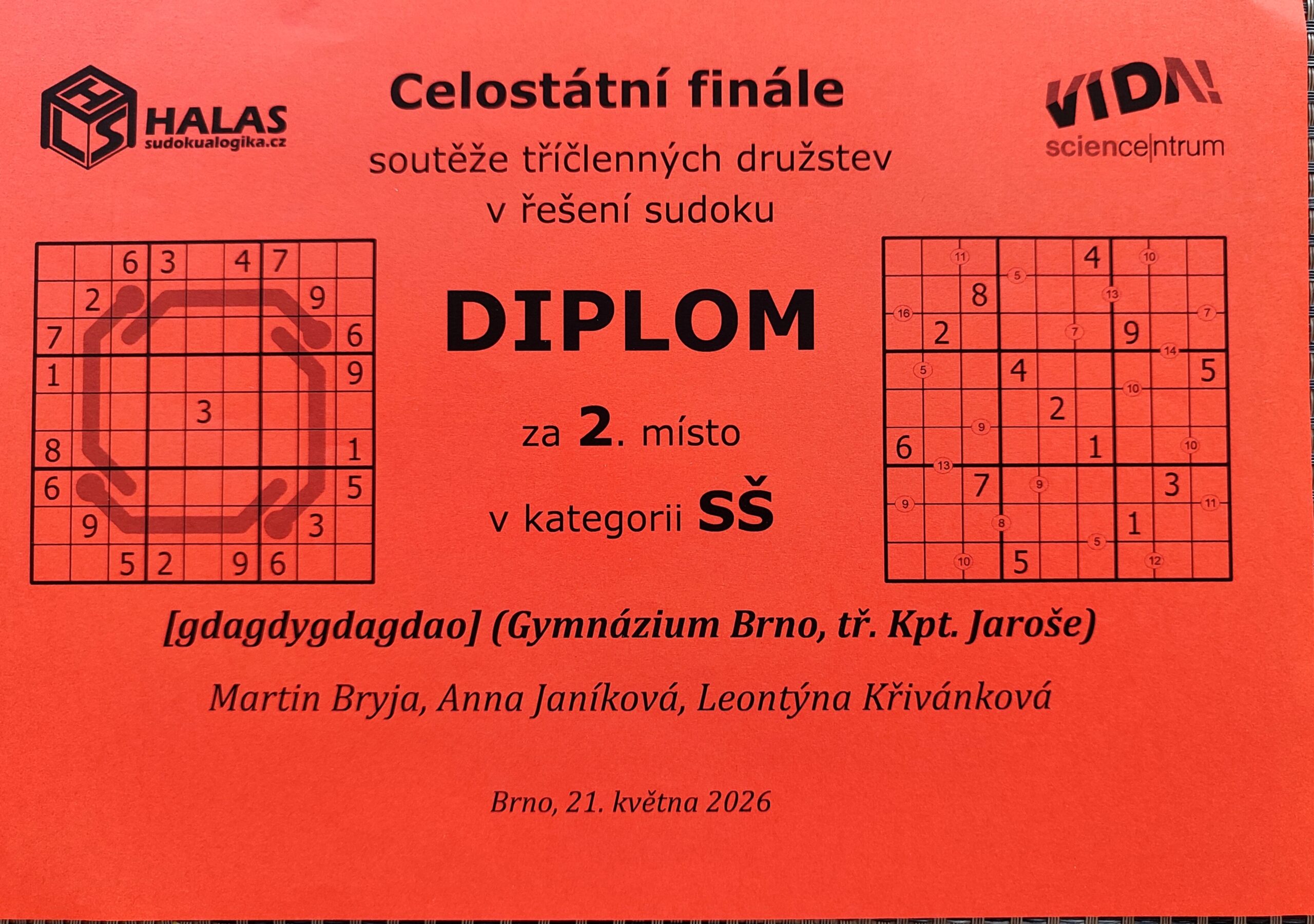 Tým Jarošky obsadil druhé místo v celostátním finále soutěže sudoku